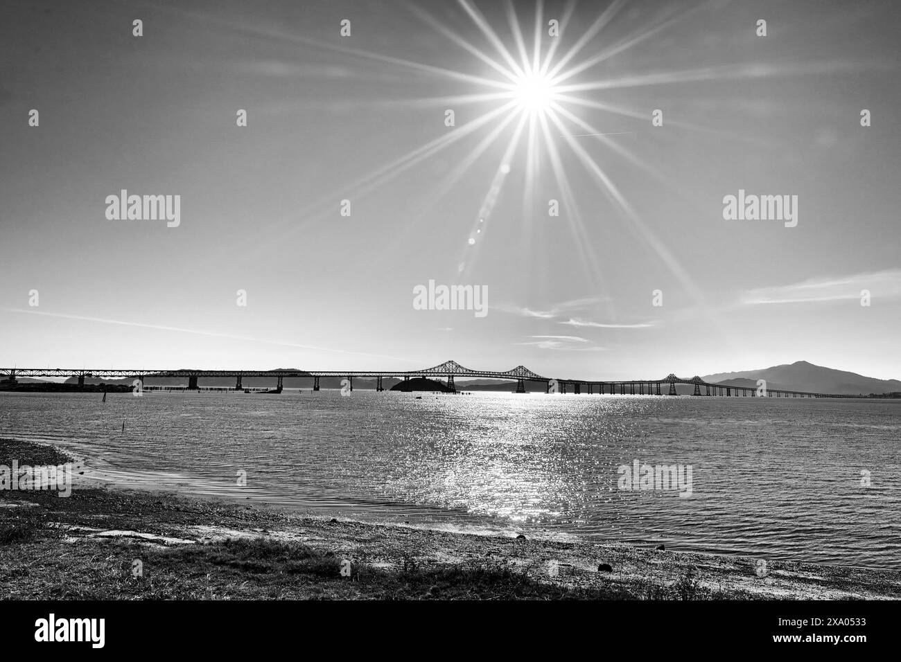 Image monochrome d'un pont sur la baie Banque D'Images