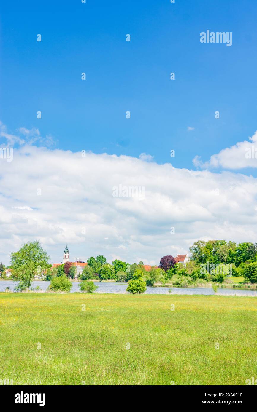 Kißlegg : lac Zellersee, église constituée Gallus et Ulrich, Altes Schloss (Vieux Château) Kißlegg in Oberschwaben-Allgäu, Bade-Württemberg, Allemagne Banque D'Images