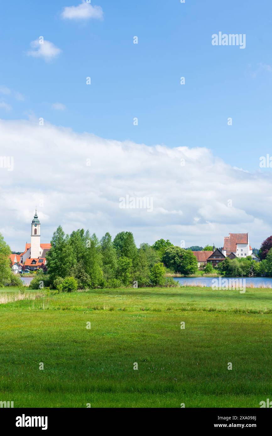 Kißlegg : lac Zellersee, église constituée Gallus et Ulrich, Altes Schloss (Vieux Château) Kißlegg in Oberschwaben-Allgäu, Bade-Württemberg, Allemagne Banque D'Images