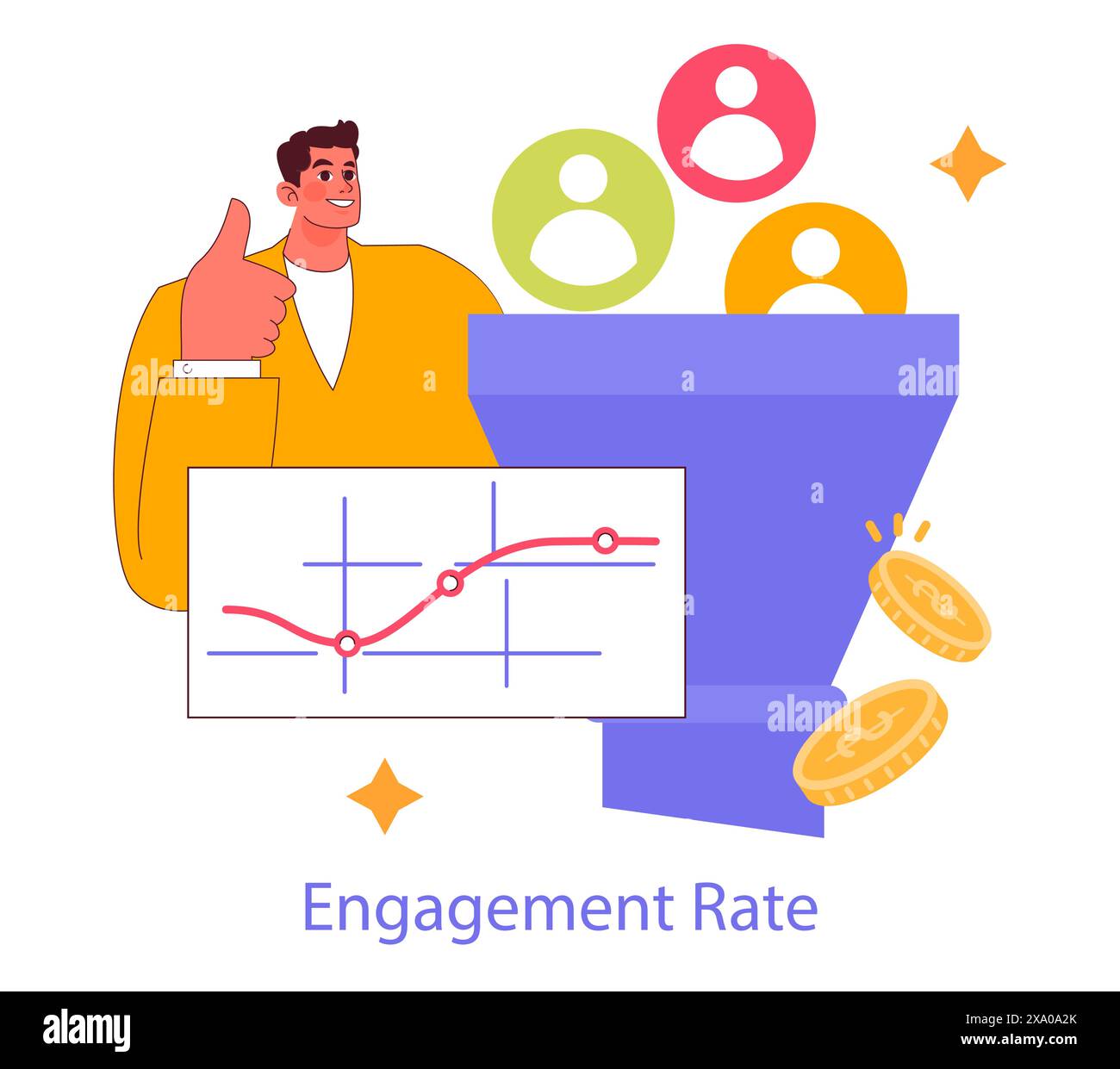 Concept de marketing d'influence. Un créateur de contenu analyse les métriques d'engagement pour optimiser la stratégie des médias sociaux. Données, audience, croissance, monétisation. Illustration vectorielle. Illustration de Vecteur