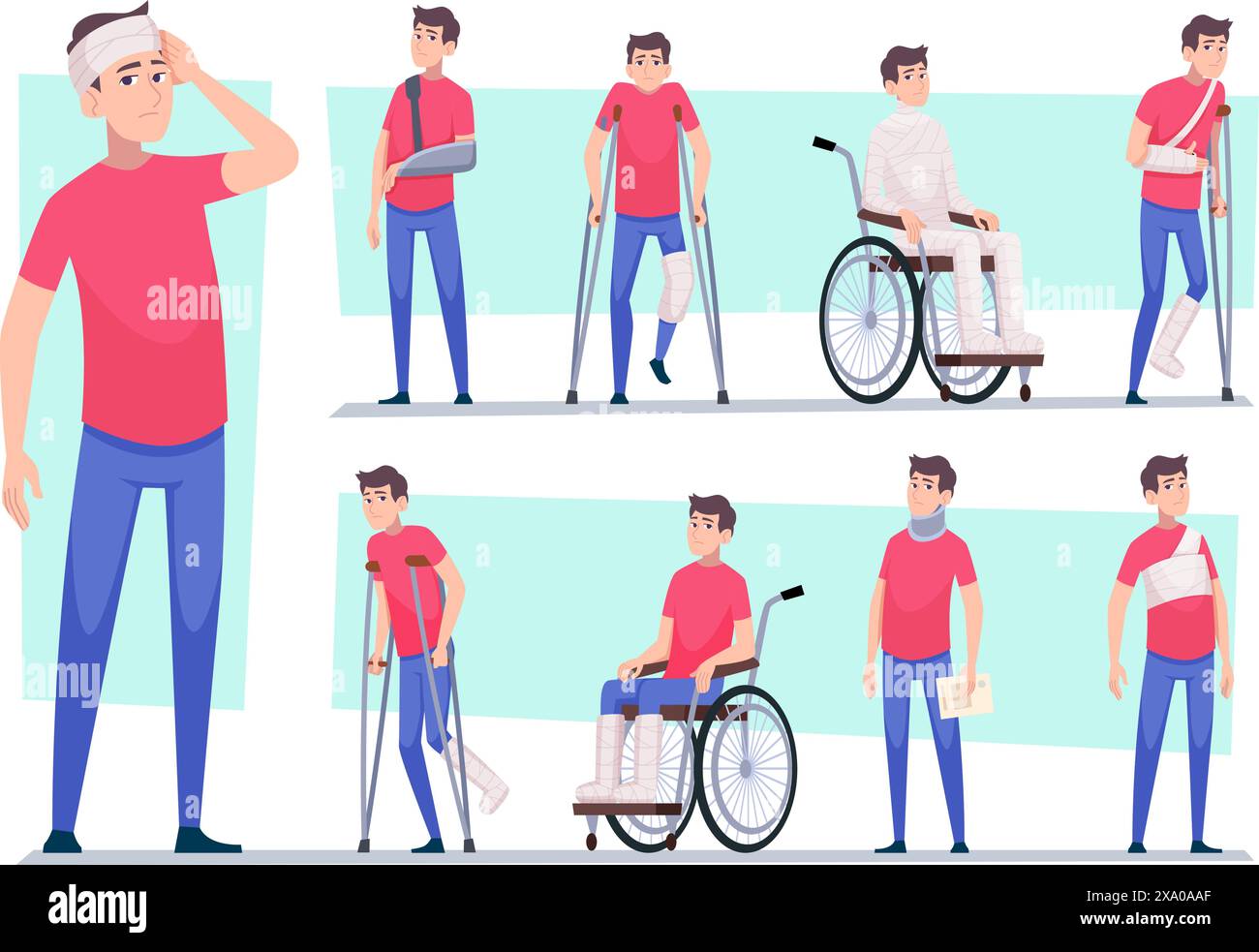 Personne blessée. Bras jambes mains et tête bandées illustrations de concept médical de vecteur exact Illustration de Vecteur