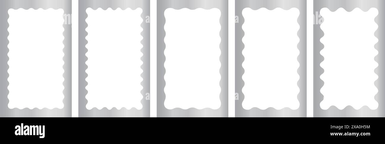 Ensemble de cadres rectangulaires argentés avec bordures intérieures ondulées. Miroirs, cadres photo ou photo Metallos. Boîtes rectangulaires de luxe, étiquettes ou étiquettes isolées sur fond blanc. Illustration vectorielle. Illustration de Vecteur
