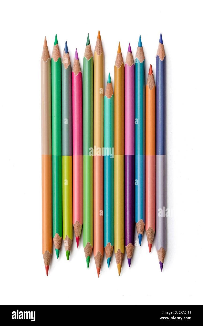 Crayons de couleur double face lumineux et pastel isolés sur fond blanc Banque D'Images