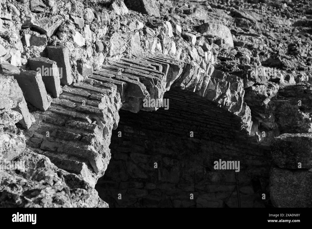 Europe, Espagne, Badajoz, Merida, Amphithéâtre de Merida (ruines romaines anciennes), Arche de brique (détail) Banque D'Images