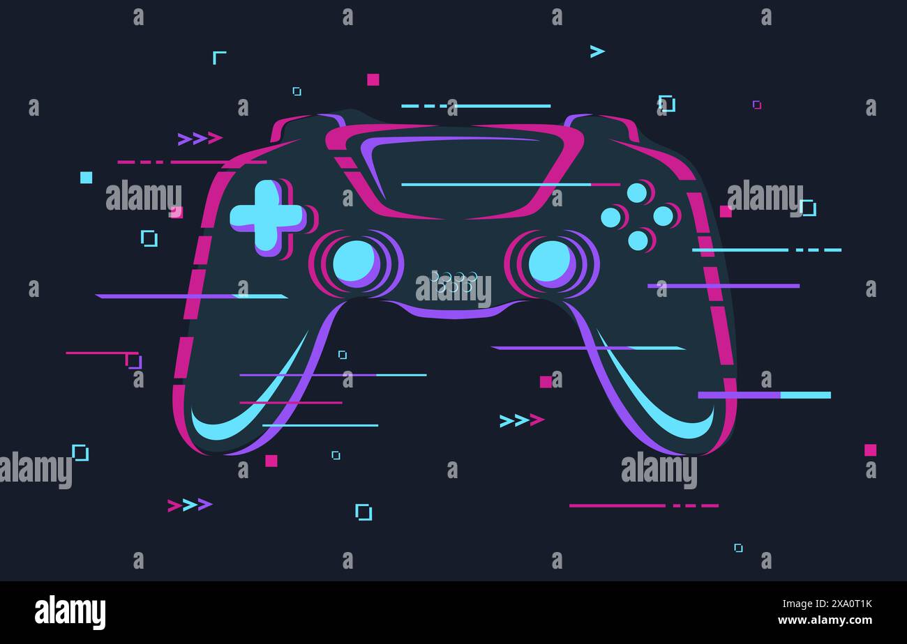 GamePad Gitch. Futuriste glitchy joystick cyber zone logo de tournoi de jeu affiche, effet néon léger de contrôleur de joueur occasionnel, jeux d'action esport illustration vectorielle soignée du contrôle de la console Illustration de Vecteur