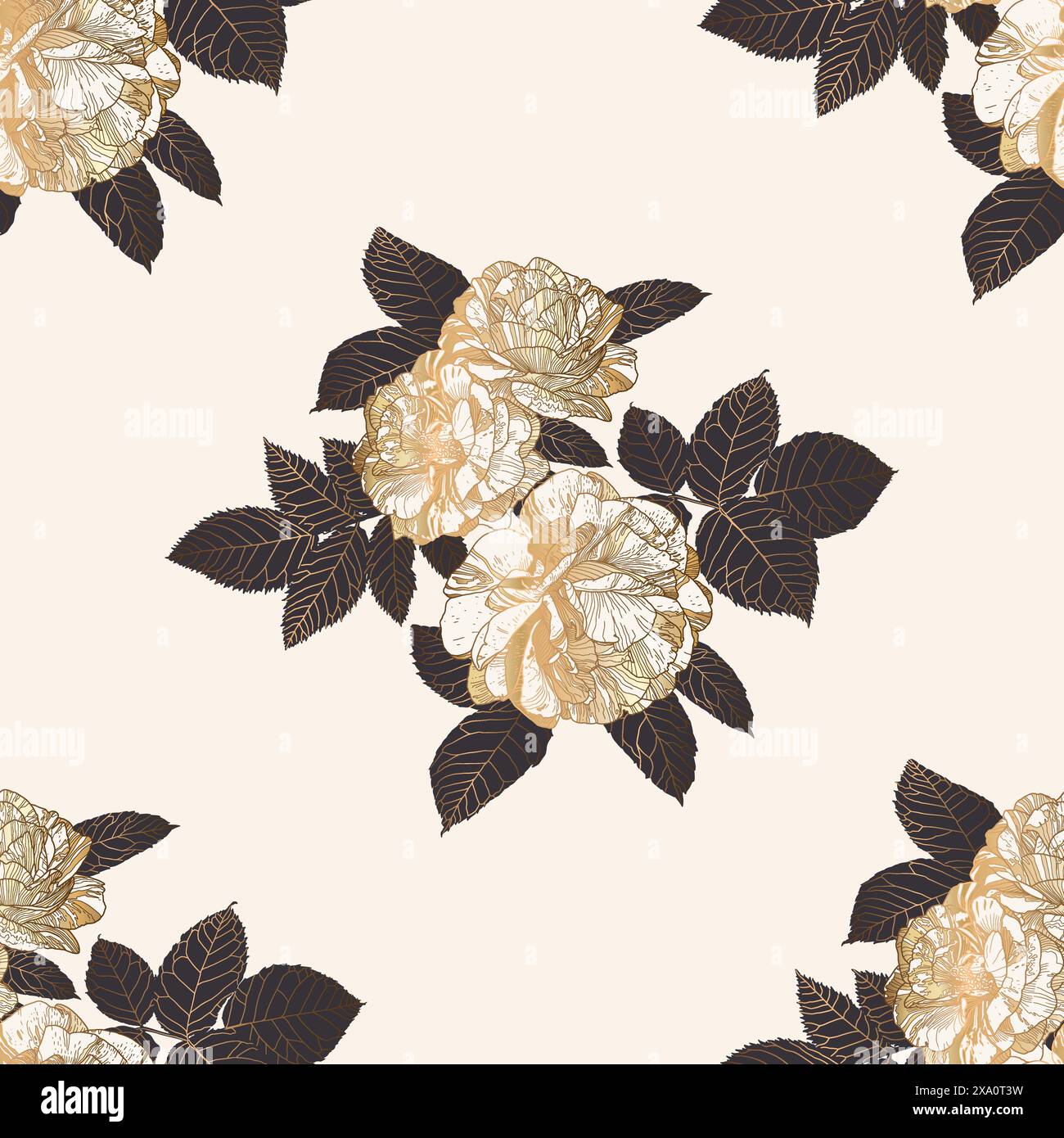 Motif demi-goutte de luxe sans couture avec des roses blanches et dorées et des feuilles gris foncé sur blanc. Idéal pour les textiles, les surfaces, les papiers peints, les papiers d'emballage, les tissus, tirages. Illustration de Vecteur