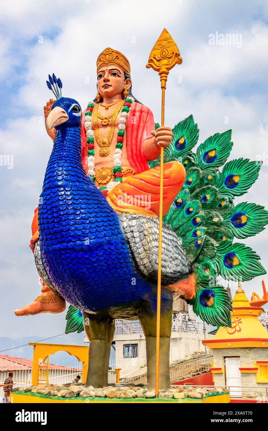 Statue bleue du Seigneur Shiva assise avec une peau de tigre, tenant un trident et affichant un geste de bénédiction. Orné de serpents et de perles, ce vibrant Banque D'Images