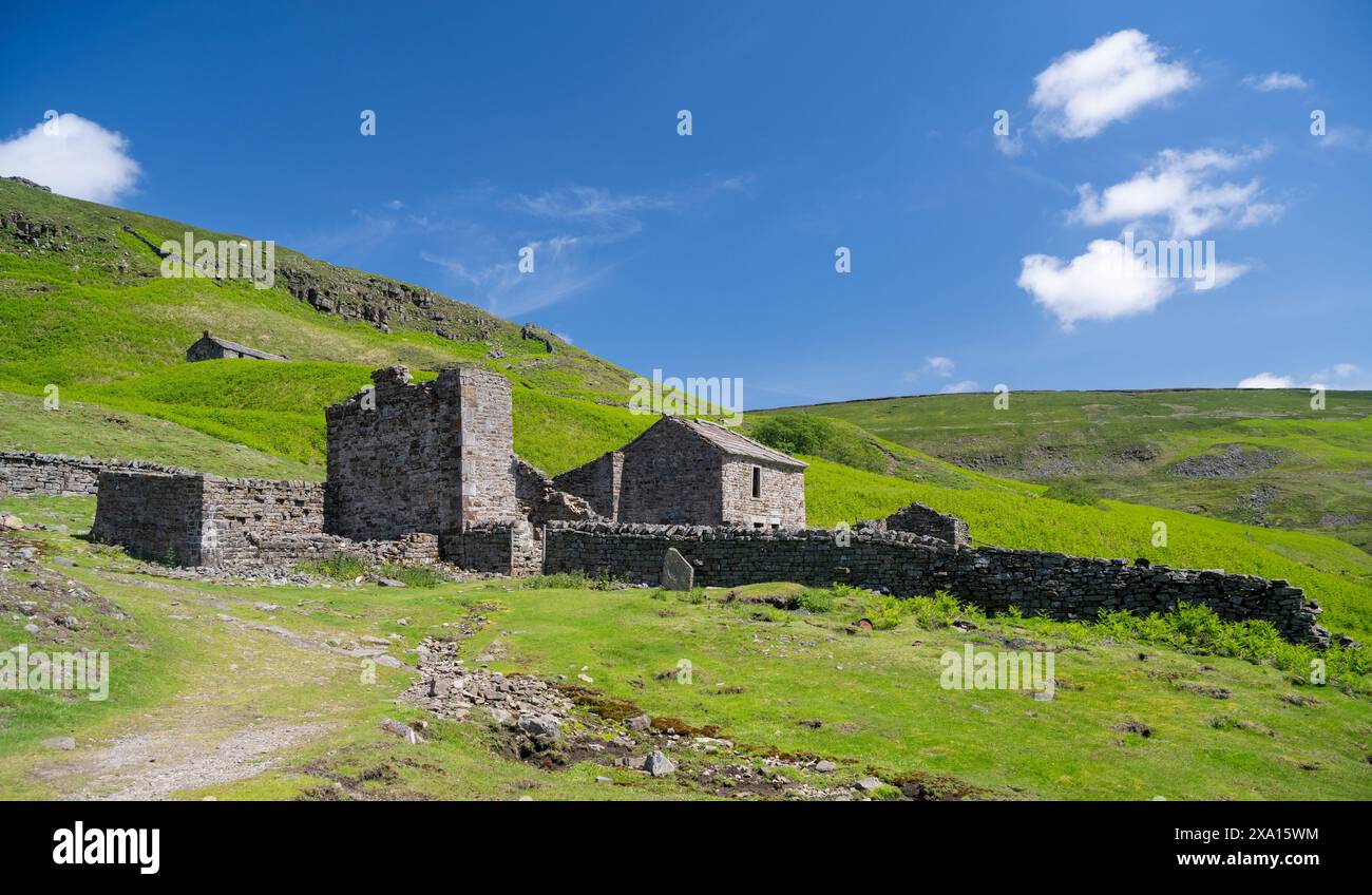 Ruines de Crackpot Hall, une ferme isolée sur landes, regardant vers Muker dans la gorge de Kisdon. Il a été abandonné en 1953 à cause de subsidenc Banque D'Images