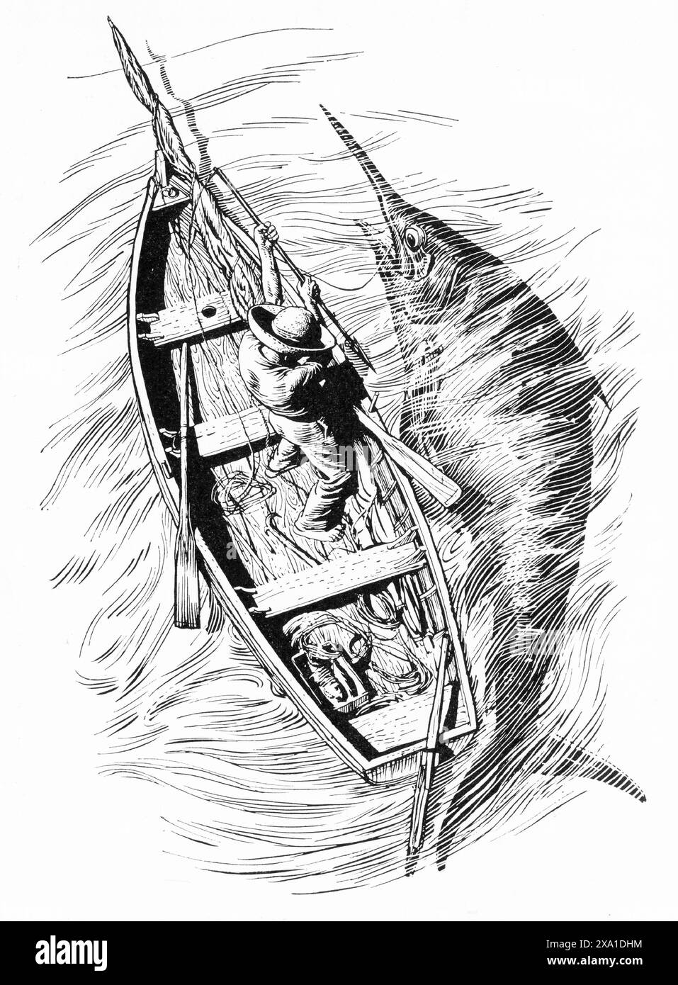 Illustration tirée du livre le vieil homme et la mer d'Ernest Hemingway, publié par la Book Folio Society en 1953. Œuvre de Raymond Sheppard. Banque D'Images