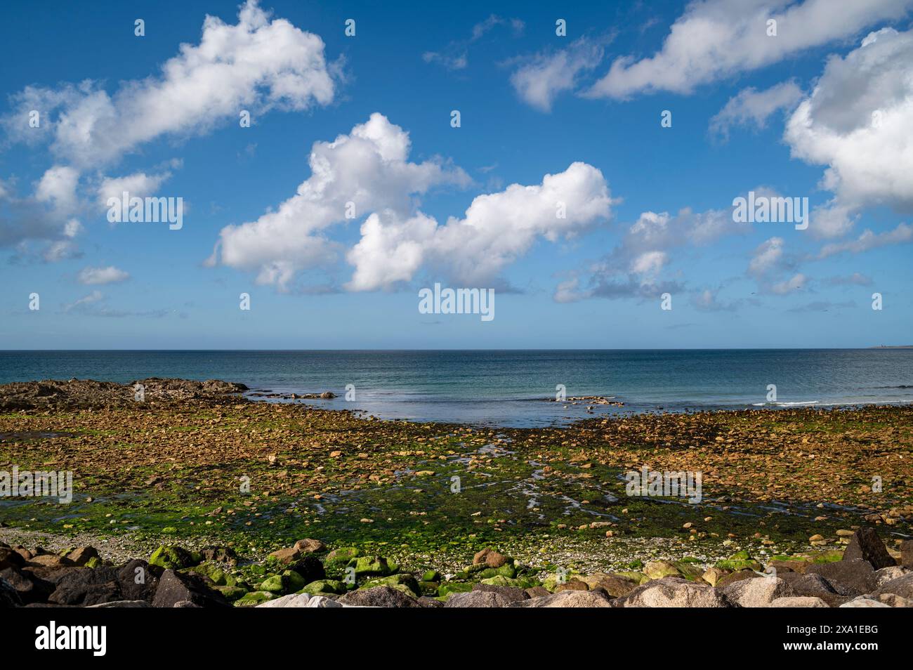 Le rivage de la Manche sur la côte normande. Proche de la marina le Becquet, le bleu de l'eau et les teintes chaudes du rivage. Banque D'Images