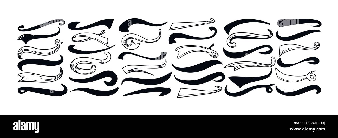 Swoosh de baseball, queues swash sportives dans un style rétro. Ligne ondulée soulignée, tourbillon calligraphique noir pour le football ou l'athlétisme. Jeu typographique de bouclés dessiné à la main. Éléments vectoriels de typographie de logo. Illustration de Vecteur