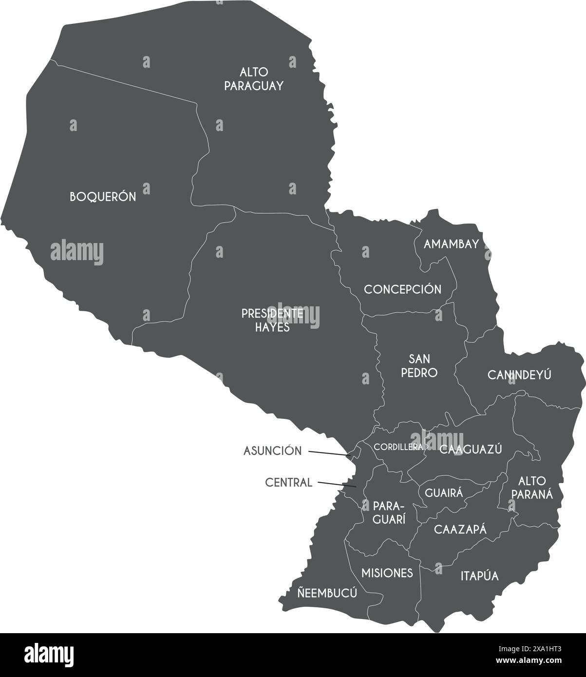 Carte vectorielle du Paraguay avec les départements, le district de la capitale et les divisions administratives. Calques modifiables et clairement étiquetés. Illustration de Vecteur