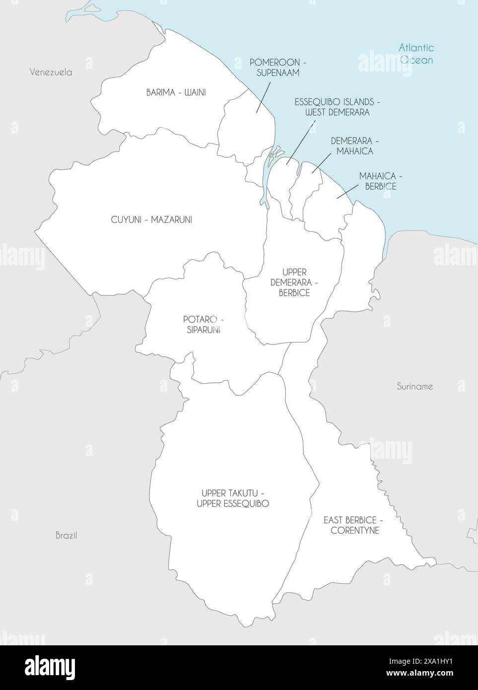 Carte vectorielle du Guyana avec les régions et les divisions administratives, et les pays voisins. Calques modifiables et clairement étiquetés. Illustration de Vecteur