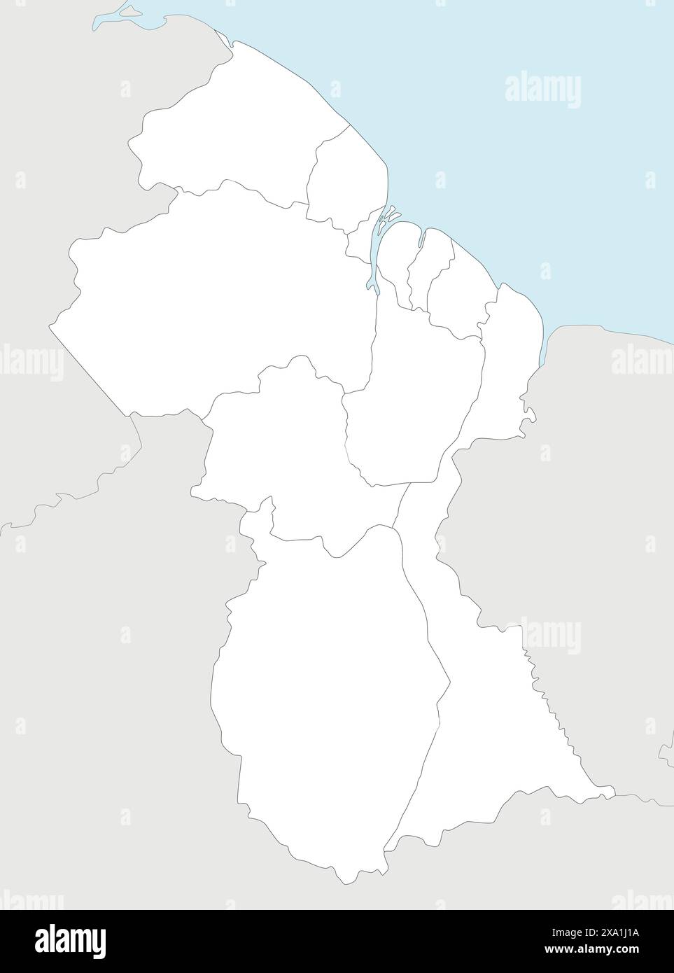 Carte blanche vectorielle de la Guyane avec les régions et les divisions administratives, et les pays voisins. Calques modifiables et clairement étiquetés. Illustration de Vecteur