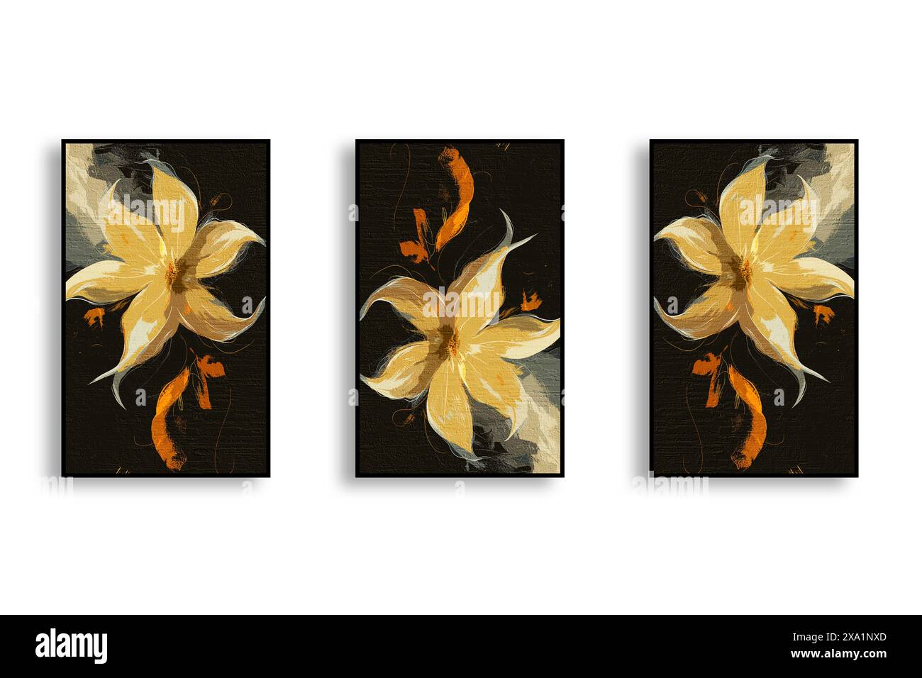 Peinture abstraite d'art de mode à l'aquarelle, combinaison de couleurs, feuilles, triptyque, peinture d'éléments dorés, plantes, plumes Banque D'Images