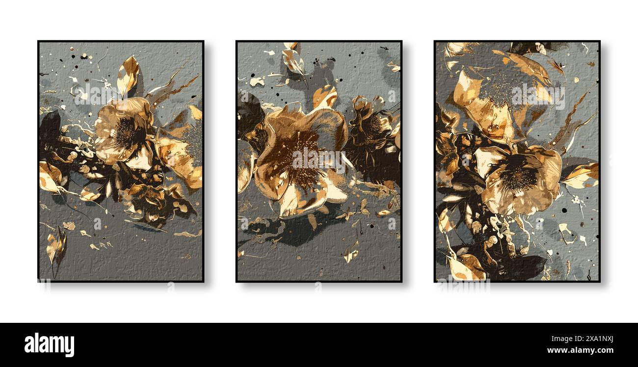 Peinture abstraite d'art de mode à l'aquarelle, combinaison de couleurs, feuilles, triptyque, peinture d'éléments dorés, plantes, plumes Banque D'Images