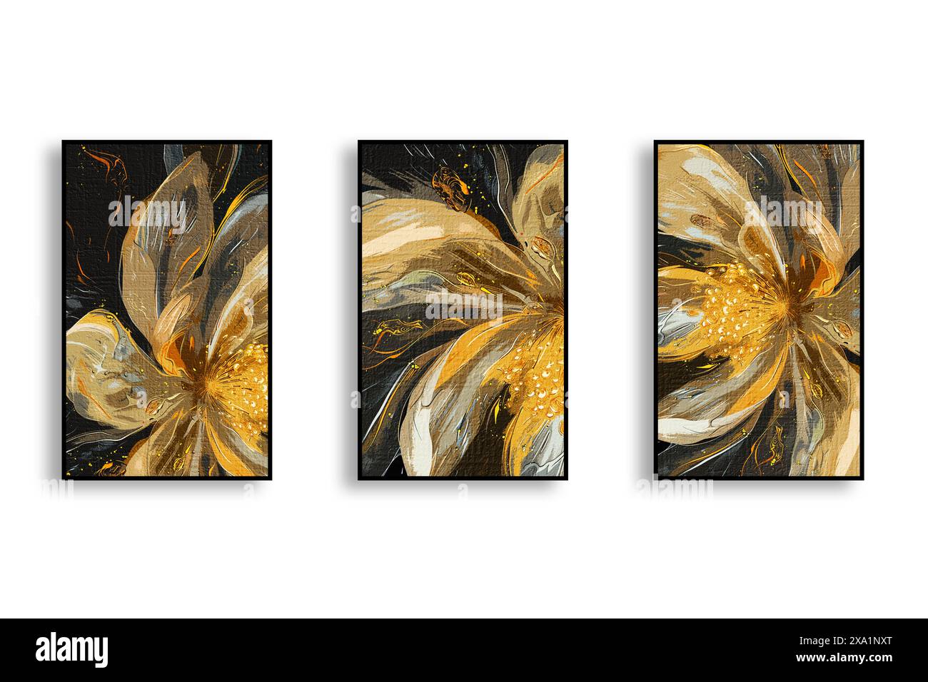 Peinture abstraite d'art de mode à l'aquarelle, combinaison de couleurs, feuilles, triptyque, peinture d'éléments dorés, plantes, plumes Banque D'Images