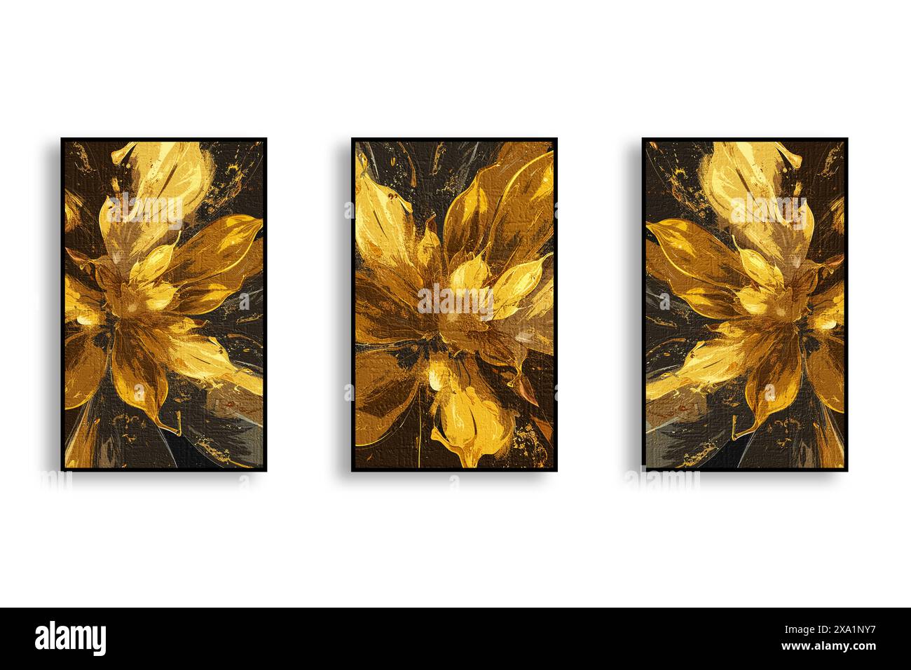 Peinture abstraite d'art de mode à l'aquarelle, combinaison de couleurs, feuilles, triptyque, peinture d'éléments dorés, plantes, plumes Banque D'Images