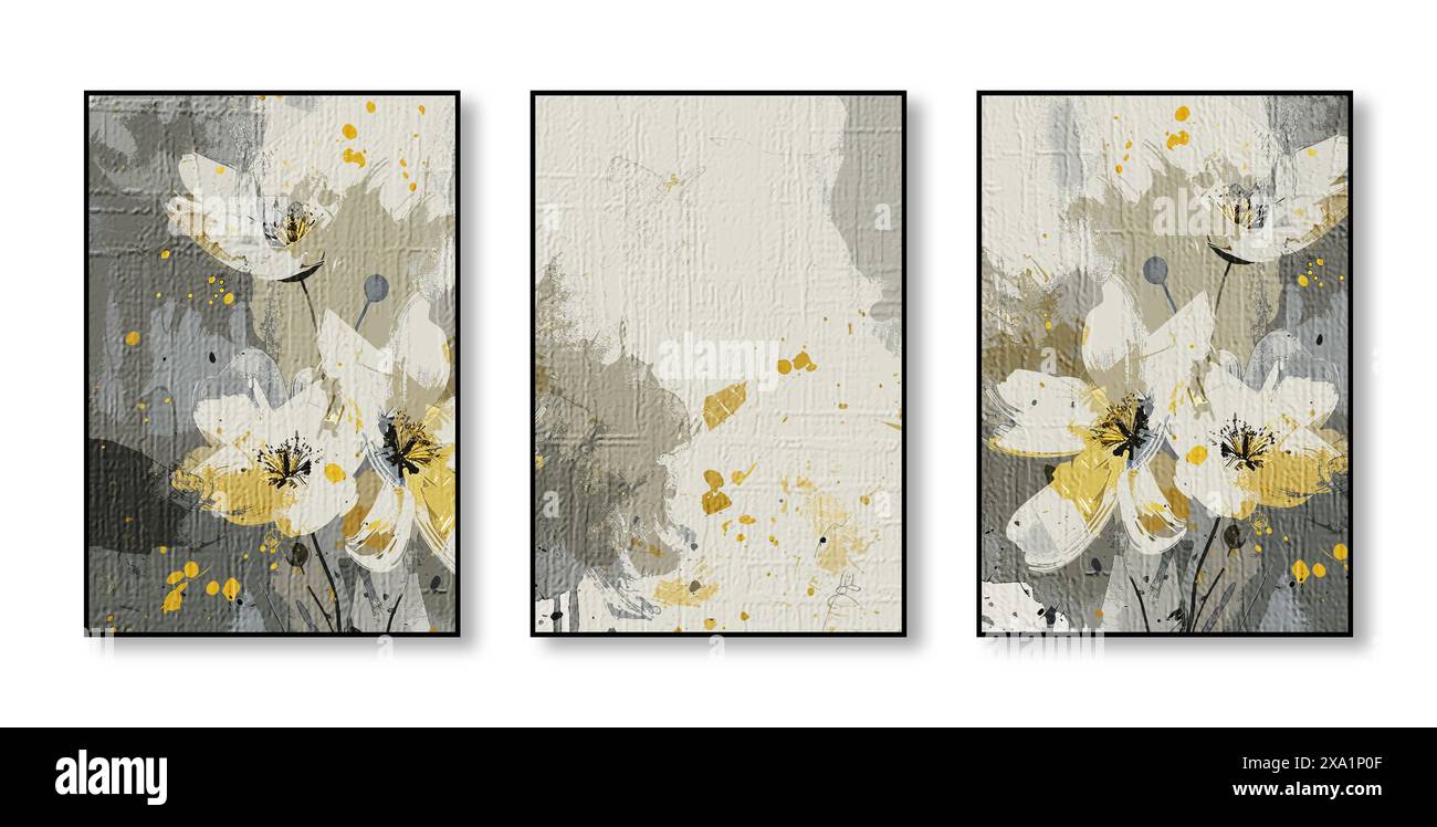 Peinture abstraite d'art de mode à l'aquarelle, combinaison de couleurs, feuilles, triptyque, peinture d'éléments dorés, plantes, plumes Banque D'Images