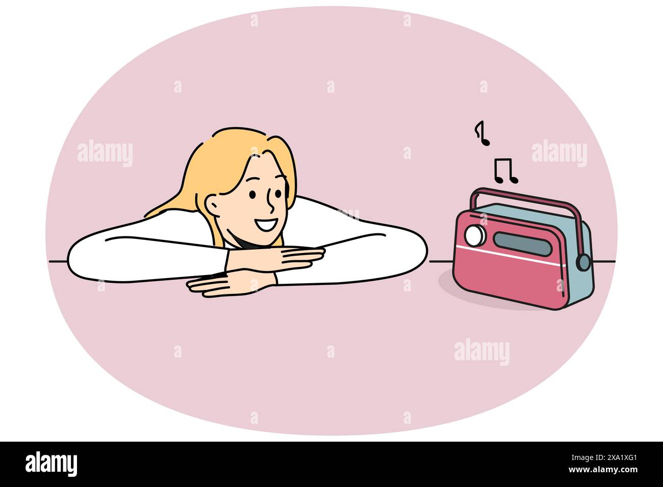Femme écoute la radio à l'aide d'un récepteur fm vintage et profite du son analogique de la musique. Hipster fille mettre la tête sur la table et regarde avec le sourire à l'appareil radio rétro pour jouer des compositions Illustration de Vecteur