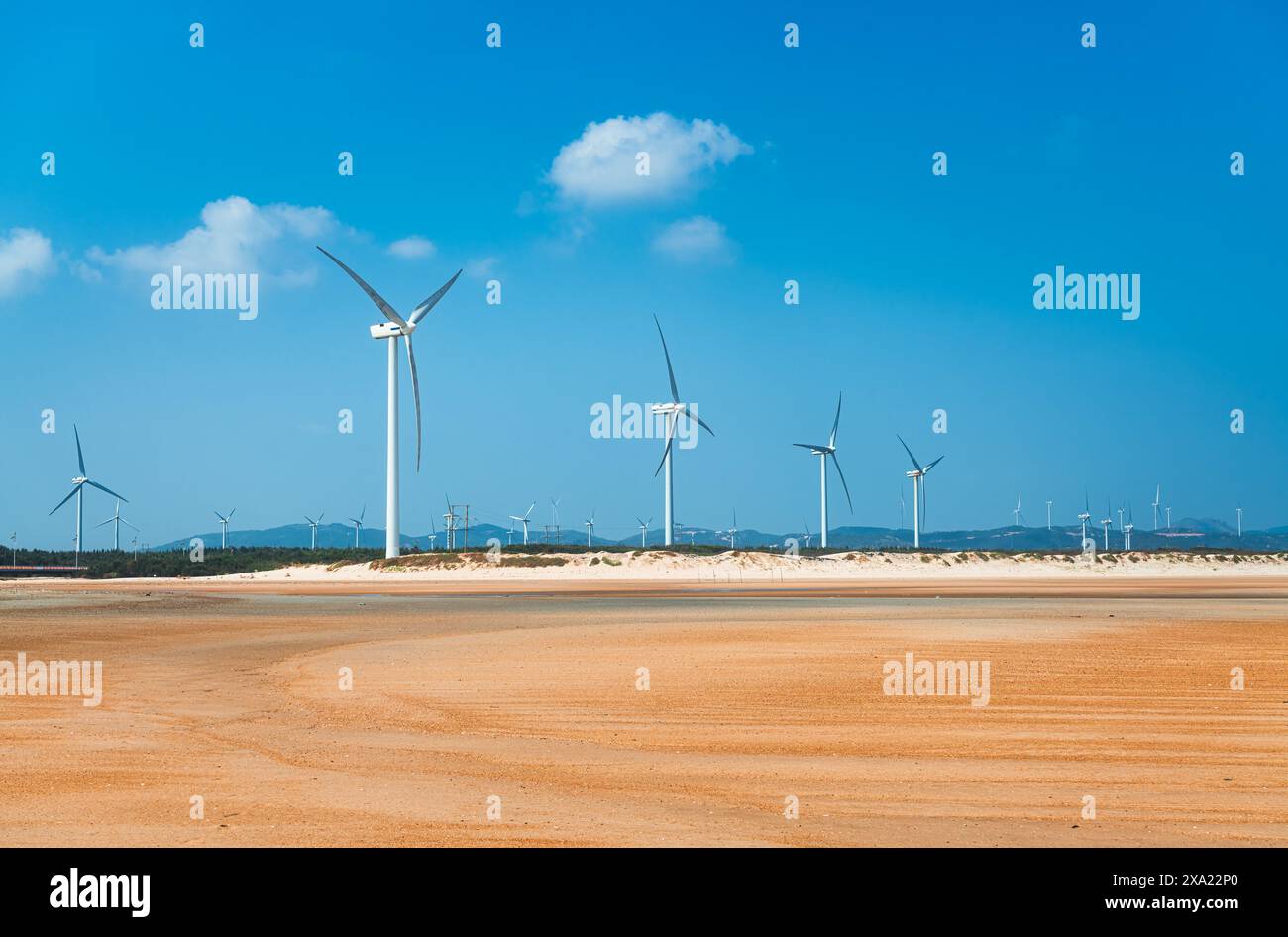 Les éoliennes debout sur la plage de sable par une journée ensoleillée Banque D'Images