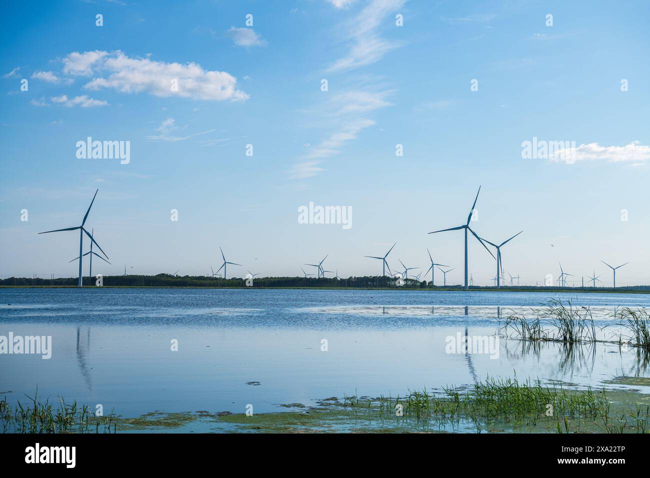 Les éoliennes debout sur une plage par une journée ensoleillée Banque D'Images