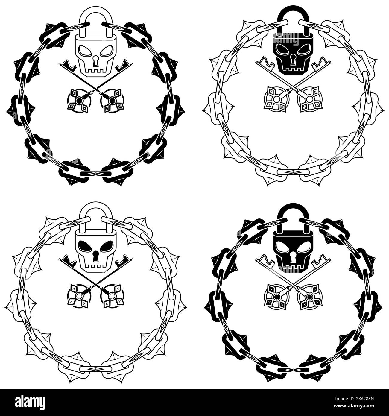 Cadenas en forme de crâne de conception vectorielle avec clés et chaînes de coupe, cercle avec chaîne et cadenas en forme de crâne pour donjons Illustration de Vecteur