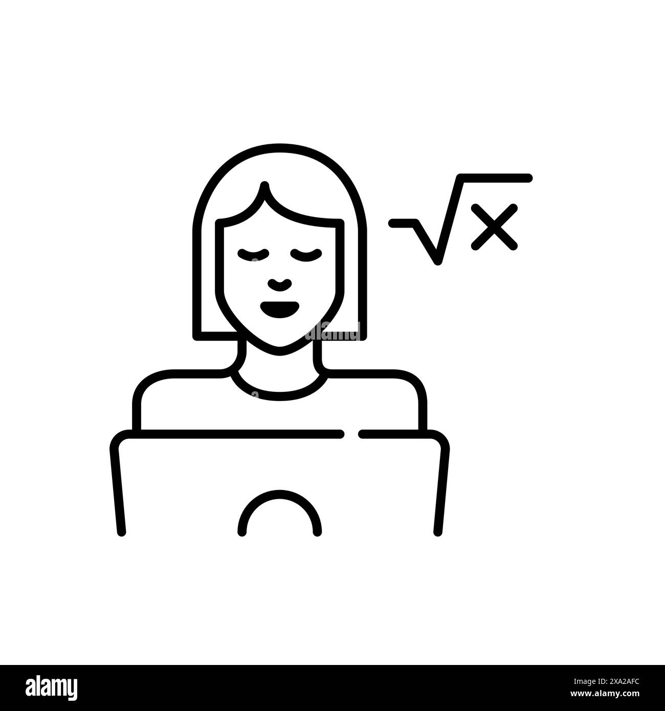 Fille à l'ordinateur portable et formule de racine carrée. Intégration de l'apprentissage numérique des mathématiques. Ingénieur, étudiant en informatique. Icône Illustration de Vecteur