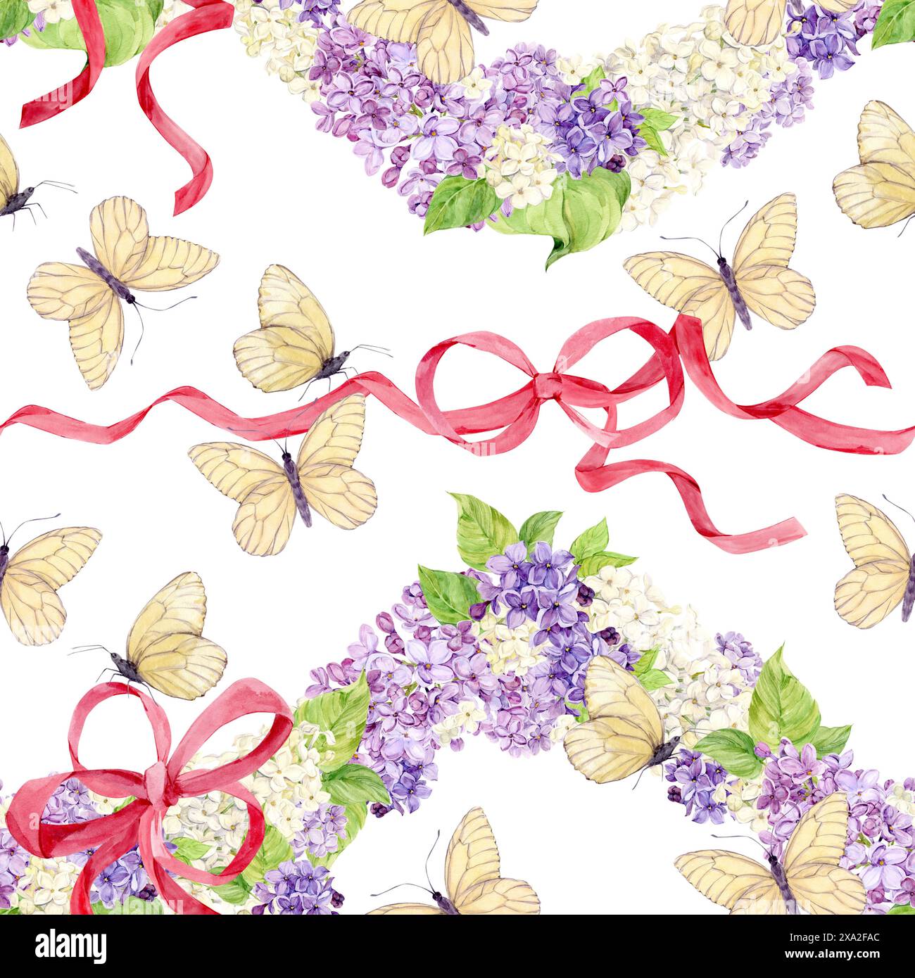 Fond sans couture avec des lilas blancs et violets enveloppés dans des rubans de soie rose. Fleurs de printemps aquarelle dans le style botanique. Dessin à la main pour l'impression Banque D'Images