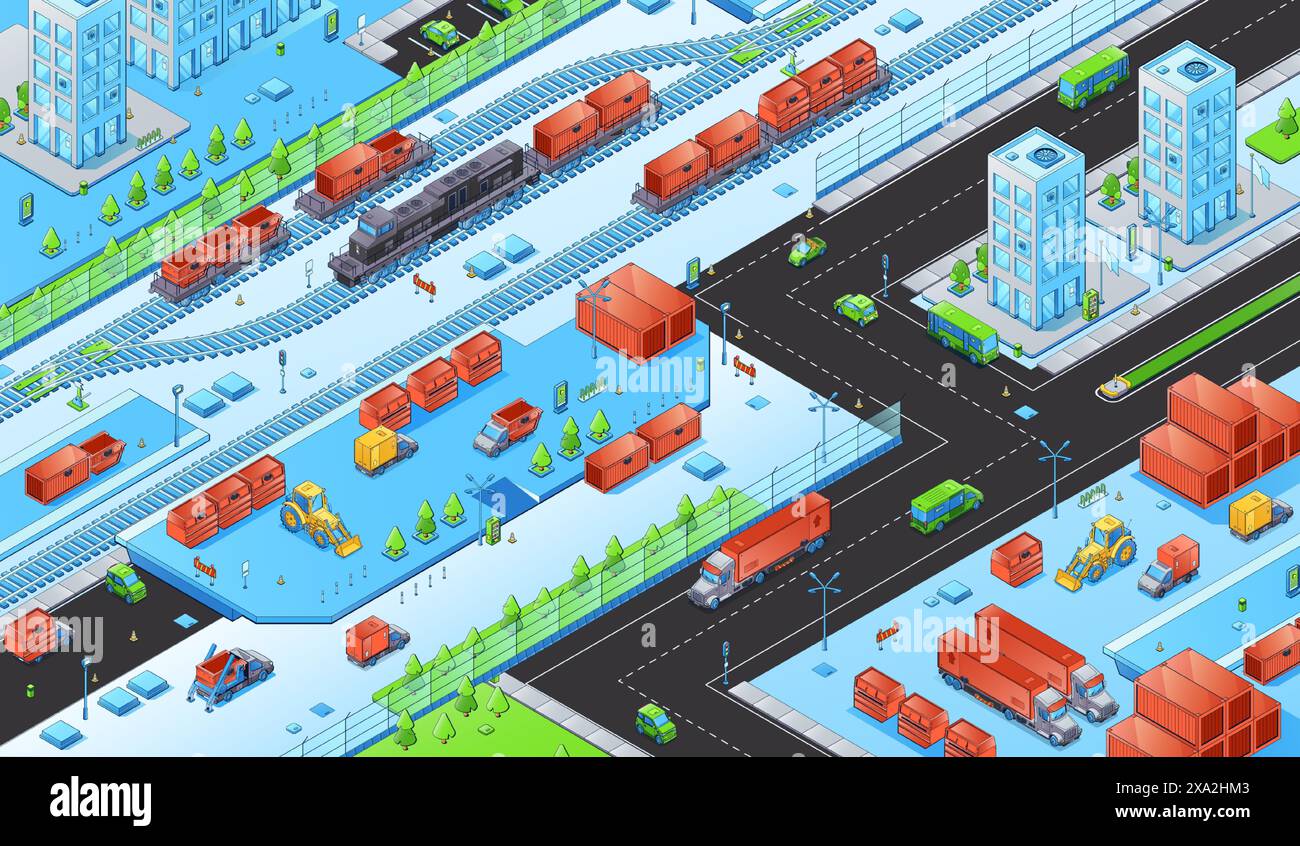 Centre de distribution de fret et d'expédition avec conteneurs et camions, voitures et chemin de fer avec train. Illustration vectorielle isométrique de la logistique globale et du processus de la chaîne de livraison. Grande entreprise de distribution. Illustration de Vecteur