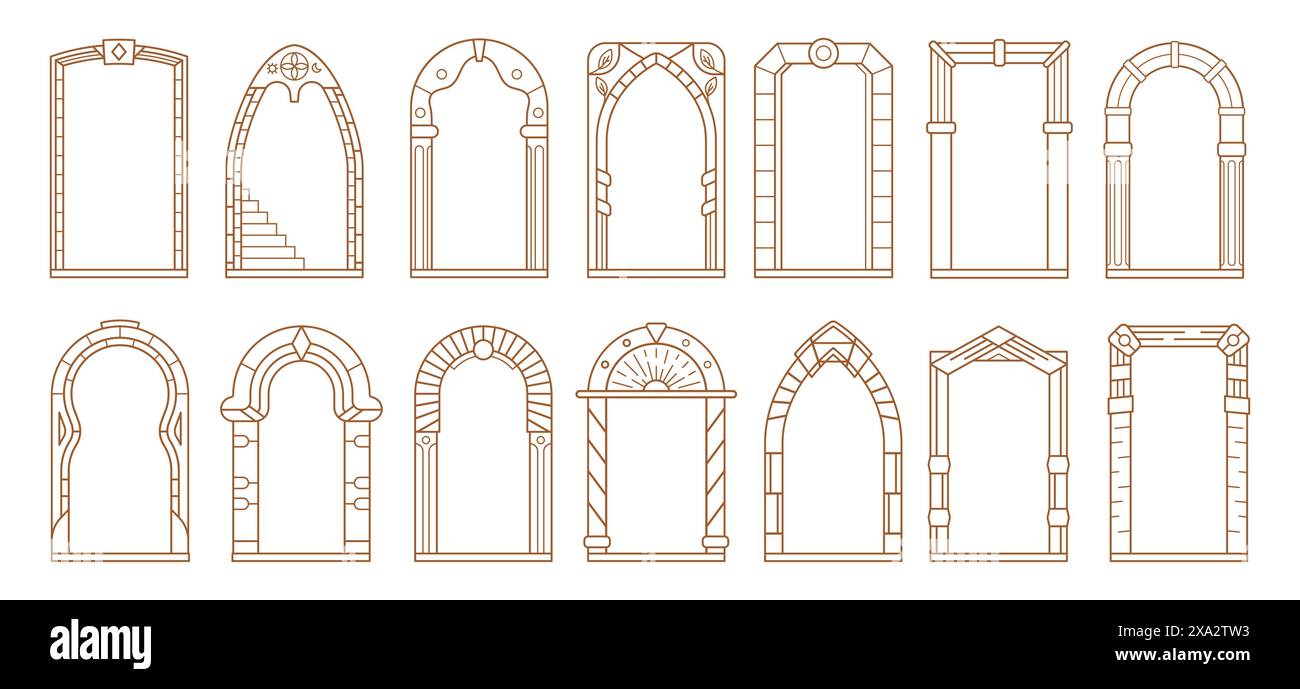 Cadres d'arche art déco, arcs, portes ou cadres vectoriels de bordures. Arcades et portes ornées dans le style Boho. Entrées architecturales, voûtées avec des colonnes décoratives et des motifs dans un style artistique épuré Illustration de Vecteur