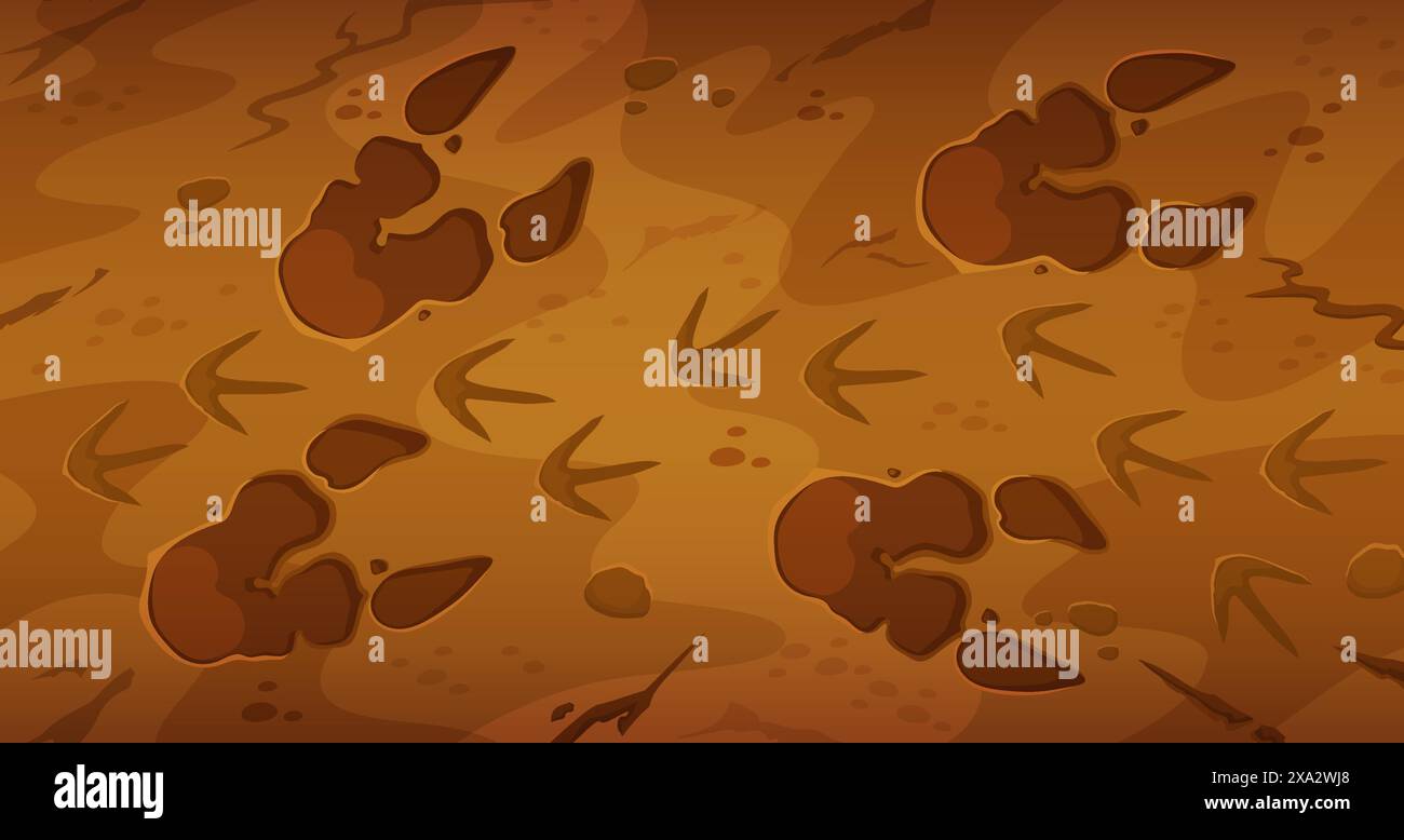 Empreintes fossiles de dinosaures préhistoriques. Fond vectoriel de dessin animé avec des empreintes de pattes d'animaux de reptiles dino antiques, impression de traînée sur le sol. Jurassique époque archéologique et paléontologique découvertes ou fossiles Illustration de Vecteur