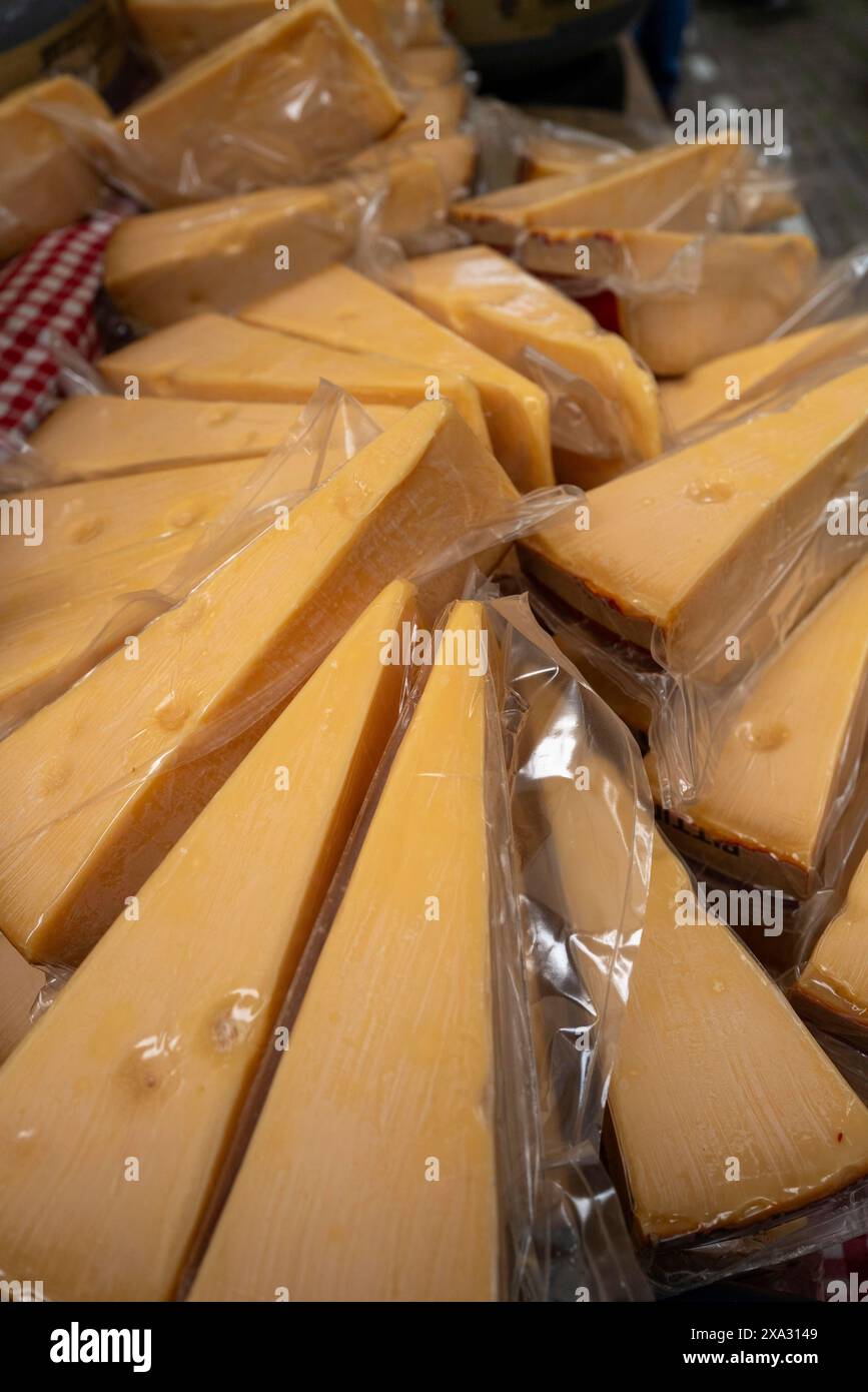 Fromage hollandais exposé dans la ville d'Alkmaar un jour de marché., Alkmaar, pays-Bas Banque D'Images