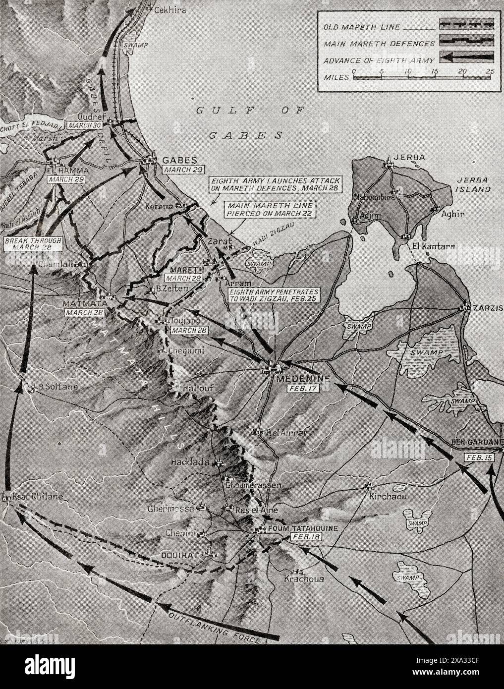 Carte montrant l'avance de la 8e armée sur la ligne de Mareth, le 28 mars 1943. De la Guerre en images, quatrième année. Banque D'Images