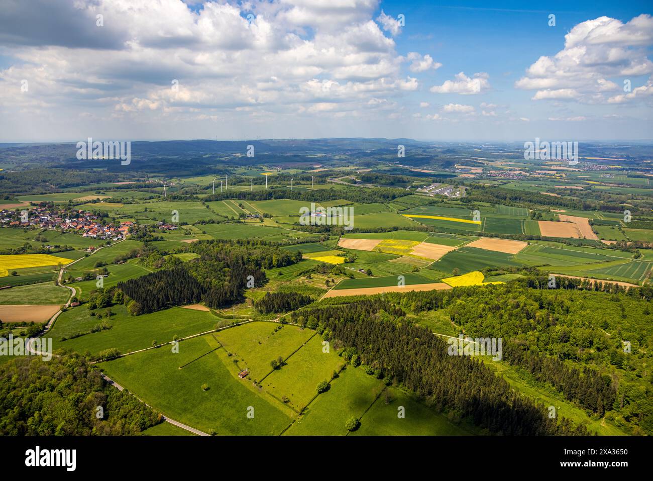 Vue aérienne, réserve naturelle NSG Hinnenburger Forst avec Emder Bachtal, paysage vallonné doux avec prairies et champs, maison de cabane sur une prairie avec Banque D'Images