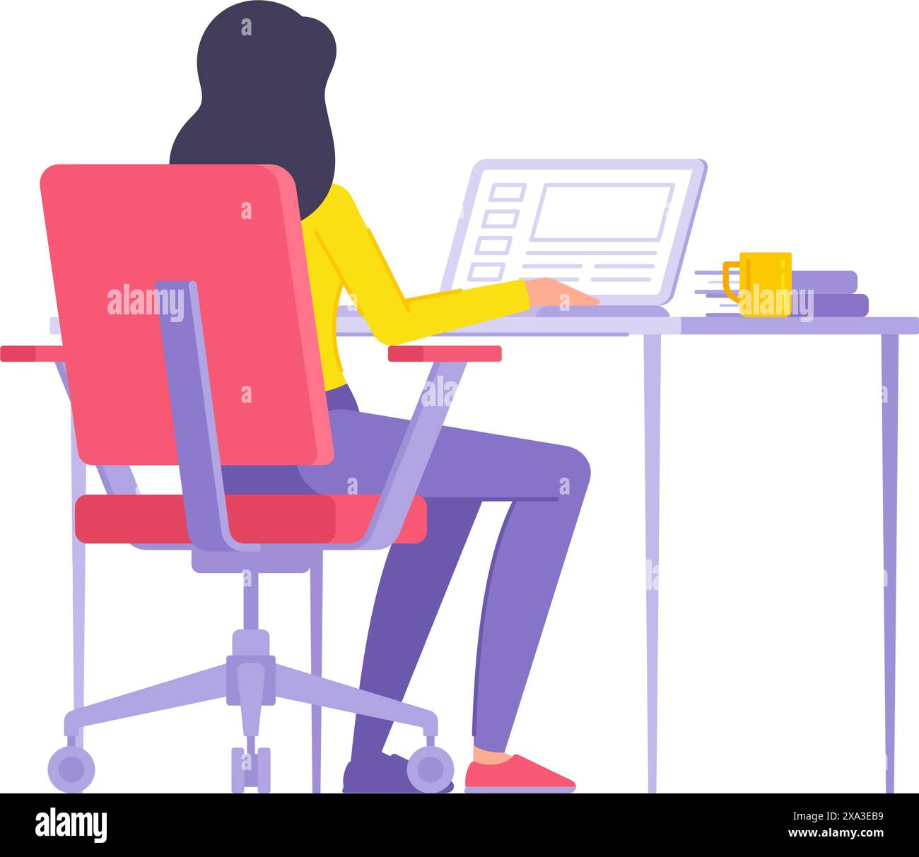 Vue arrière femme moderne travaillant ordinateur portable naviguant sur le site Internet assis au bureau illustration isométrique de vecteur de lieu de travail. Femme appréciant le shoppi en ligne Illustration de Vecteur