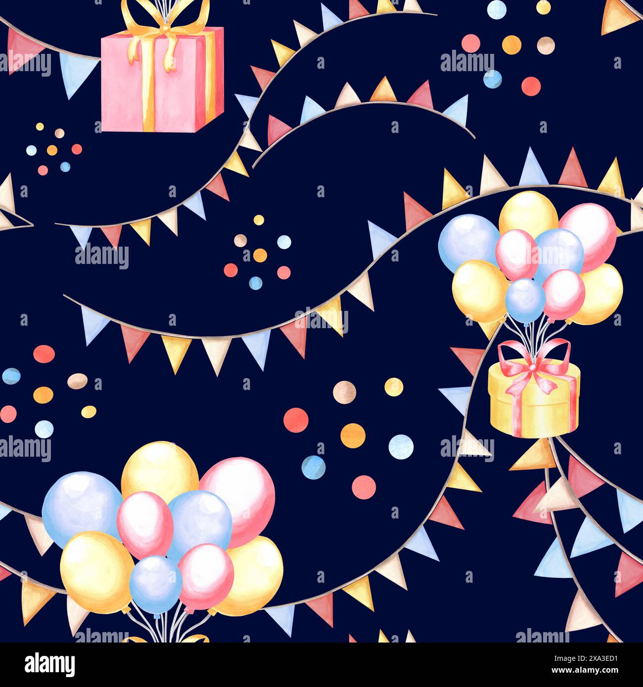 Cadeau avec ballons Bunch guirlande de fanions et confettis. Motif sans couture. Illustration d'aquarelle dessinée à la main. Modèle vintage de fête de bébé Festiv Banque D'Images