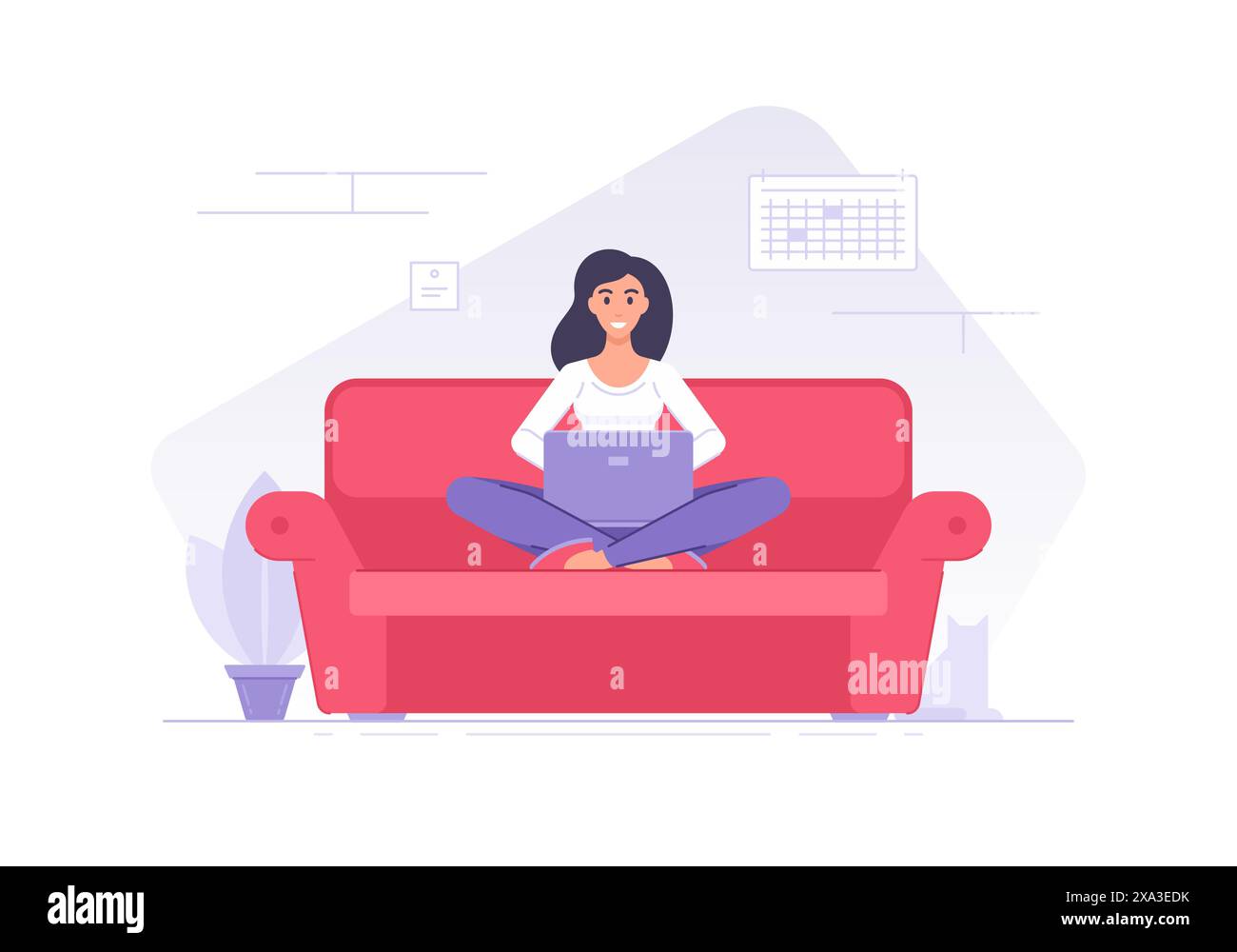 Personnage de femme plate joyeuse avec ordinateur portable sur l'illustration vectorielle de canapé. Dessin animé femme heureuse travaillant à distance sur ordinateur portable tout en étant assis avec les jambes croisées Illustration de Vecteur