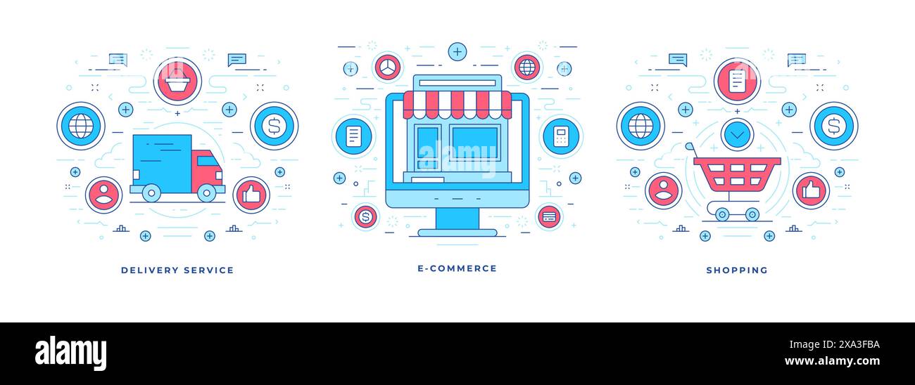 Ensemble de bannières de ligne plate d'illustrations vectorielles avec des icônes pour le service de livraison et la campagne de marketing e-commerce dans les médias sociaux. Motif linéaire t Illustration de Vecteur