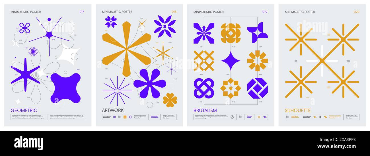Affiches minimalistes vectorielles de style brutaliste avec des figures de base de silhouette, des éléments graphiques extraordinaires de la composition de formes géométriques, co moderne Illustration de Vecteur