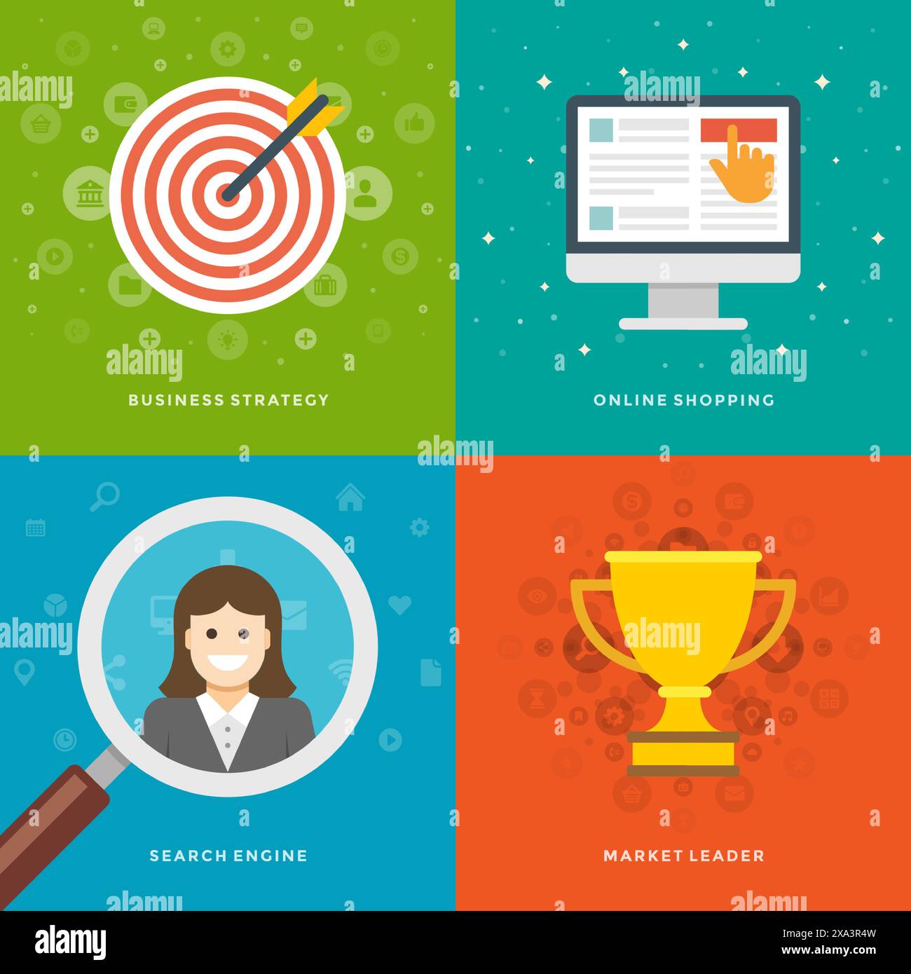 Modèles de bannières de promotion de site Web et conception d'icônes plates. Stratégie commerciale, achats en ligne, moteur de recherche, leader du marché. Jeu d'illustrations vectorielles Illustration de Vecteur