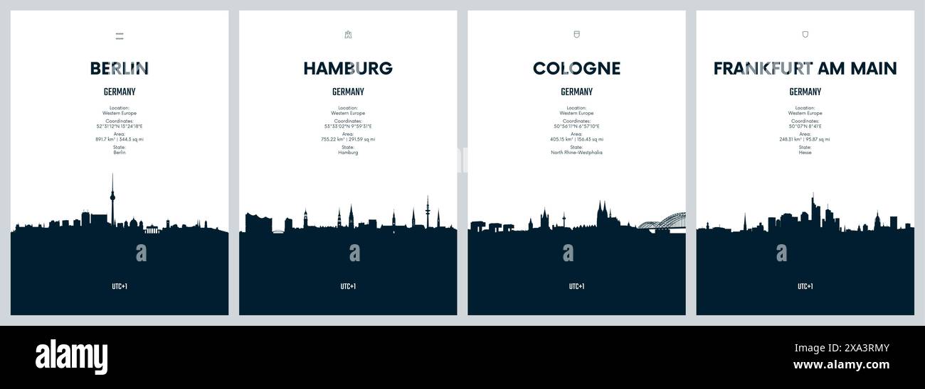 Ensemble de vecteur de voyage avec les skylines de la ville Berlin, Hambourg, Cologne, Francfort-sur-le-main, illustrations graphiques minimalistes détaillées des skylines de la ville Illustration de Vecteur