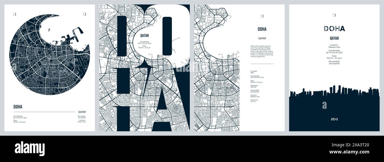 Ensemble d'affiches de voyage avec Doha, plan de rue urbain détaillé, silhouette ville skyline, illustration vectorielle Illustration de Vecteur