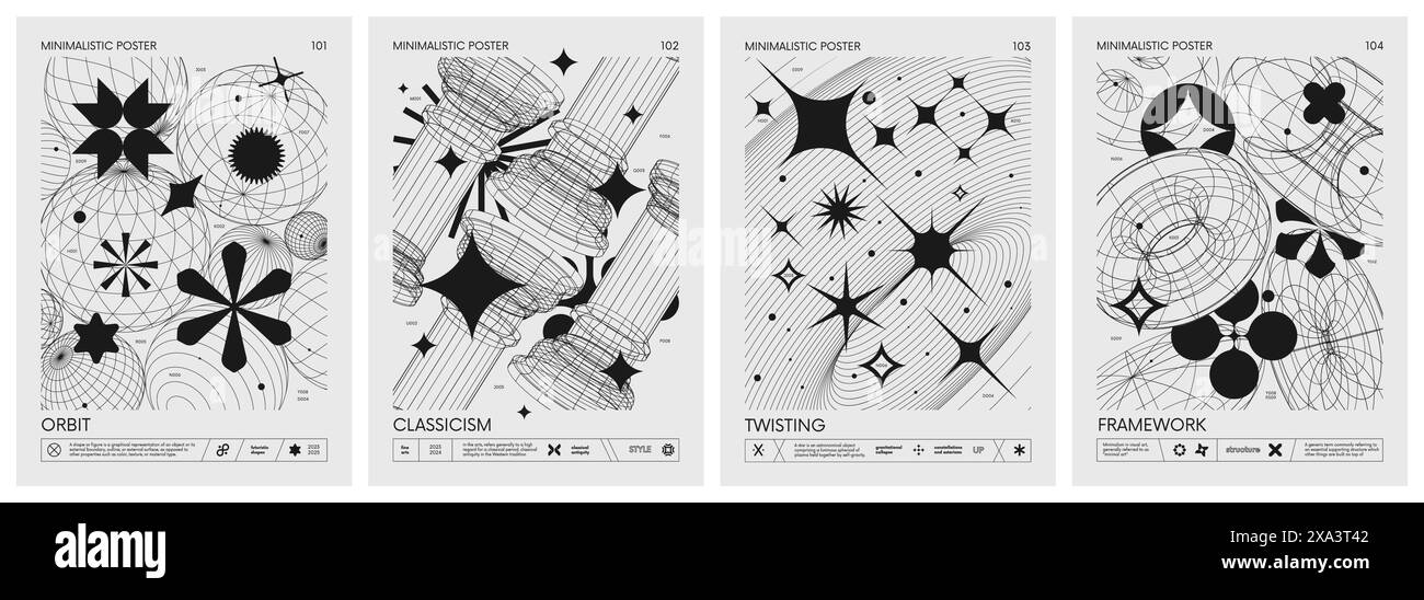 Affiches minimalistes rétro vectorielles futuristes avec des wireframes étranges 3d forment un graphique de formes géométriques design moderne inspiré par le brutalisme et sil Illustration de Vecteur