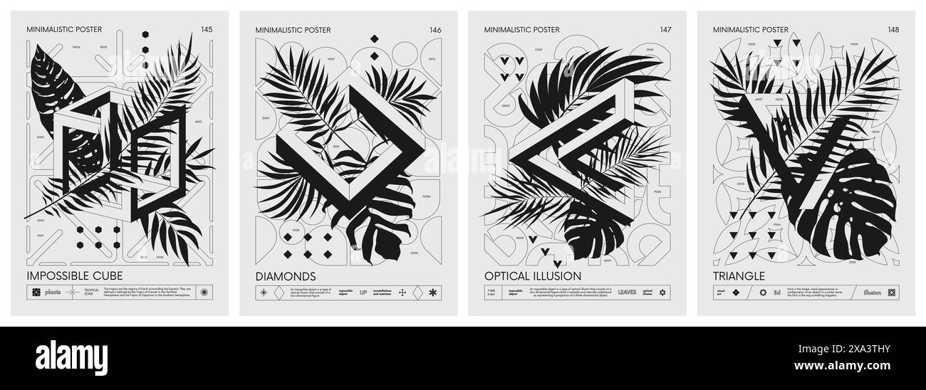 Affiches minimalistes rétro vectorielles futuristes avec des formes géométriques impossibles 3d et des feuilles exotiques, plantes tropicales, œuvres d'art avec silhouette abstraite Illustration de Vecteur Affiches minimalistes rétro vectorielles futuristes avec des formes géométriques impossibles 3d et des feuilles exotiques, plantes tropicales, œuvres d'art avec silhouette abstraite Illustration de Vecteur
