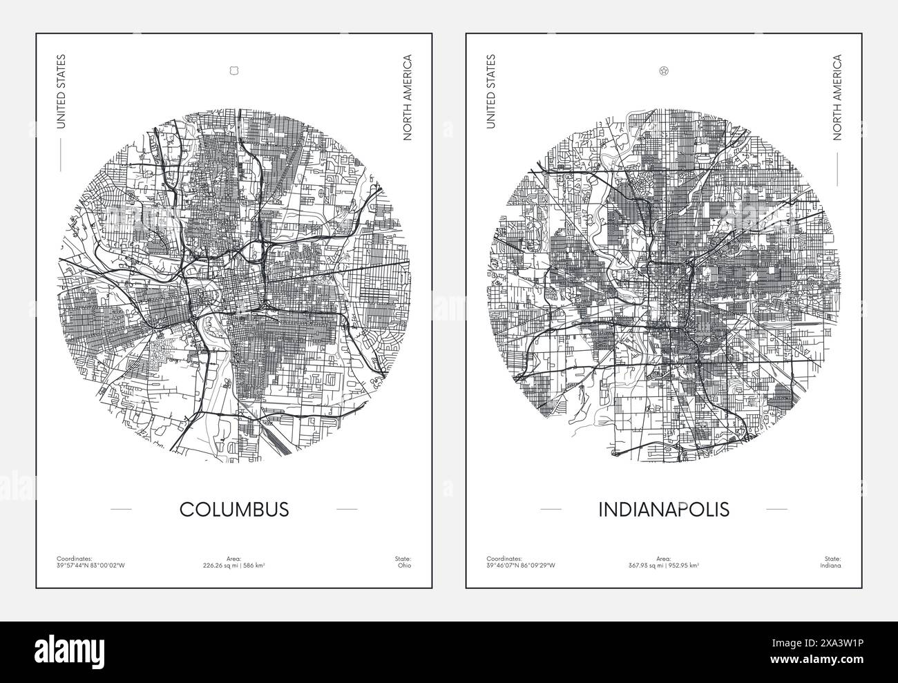 Affiche de voyage, plan de rue urbain carte de la ville Columbus et Indianapolis, illustration vectorielle Illustration de Vecteur