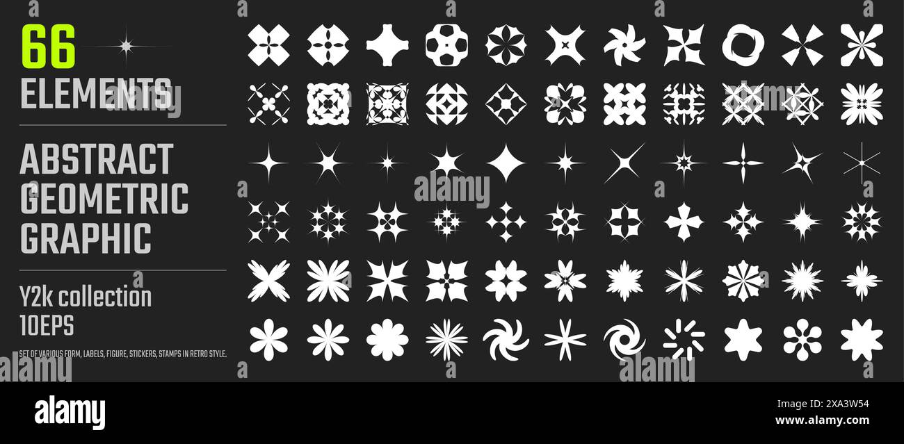 Vecteur rétrofuturiste y2k abstrait géométrie collection d'éléments de conception graphique, Big Set de diverses formes, étiquettes, formes, autocollants, moderne audacieux brutal Illustration de Vecteur