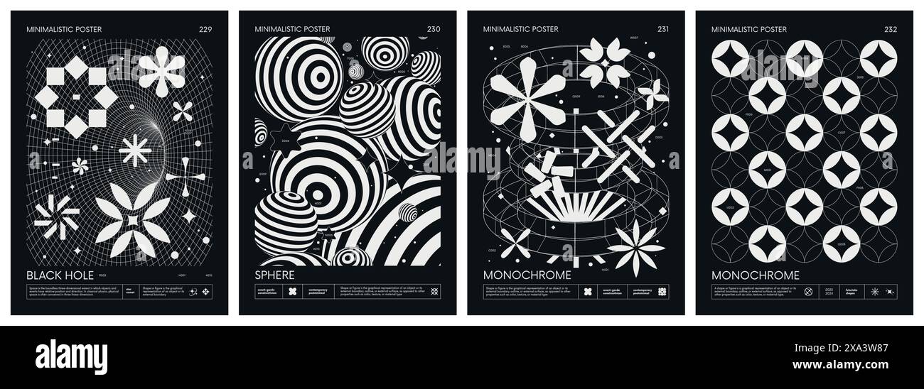 Affiches minimalistes noir et blanc style acide avec des formes géométriques filaires étranges et silhouette y2k figures de base, design futuriste inspirer Illustration de Vecteur