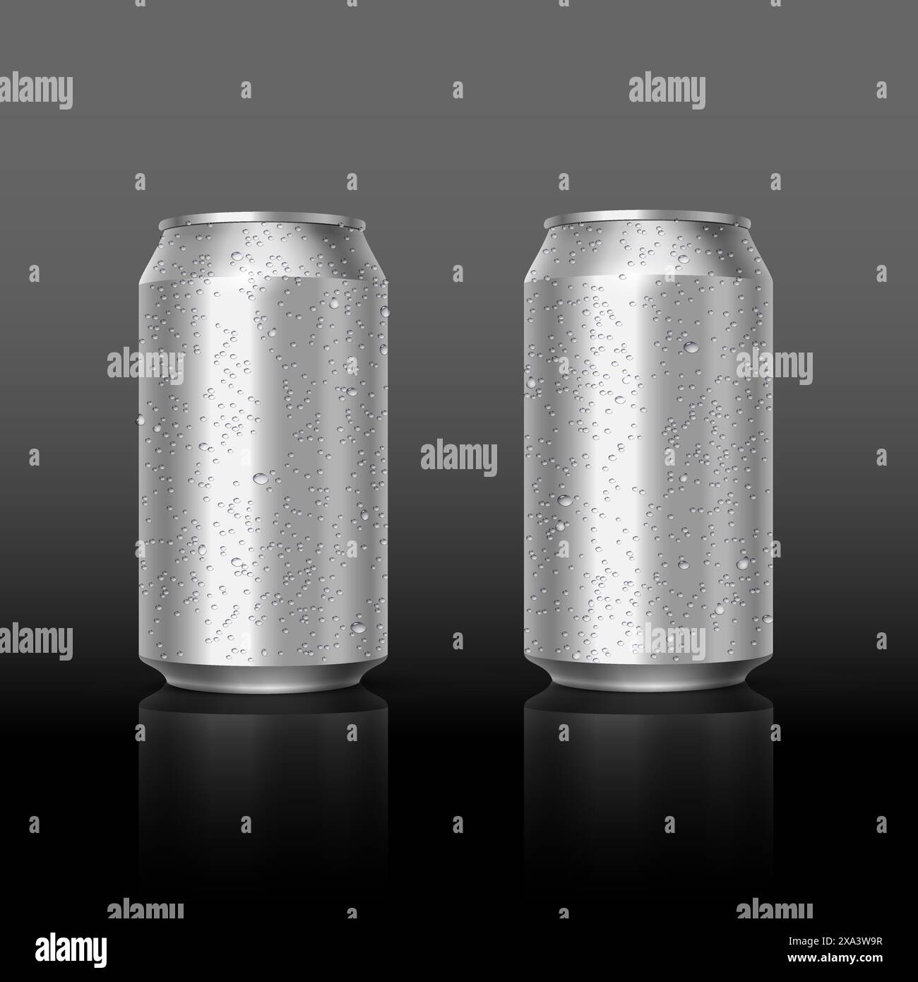 Boîtes en aluminium avec des gouttes d'eau isolées sur fond gris. Modèle vide maquette pour bière, alcool, boissons gazeuses, soda, boisson énergisante. Publicité et Illustration de Vecteur