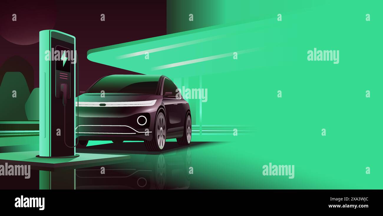 Station de charge EV pour voiture électrique en concept d'énergie verte, renouvelable et d'énergie écologique produite à partir d'une source durable, électromobil vectoriel réaliste Illustration de Vecteur